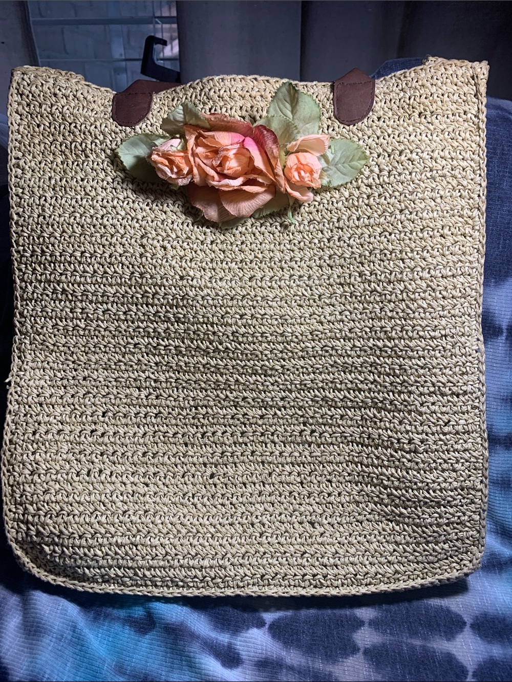 Kathy Jeanne Neutral Straw Tote with Peach Floral Accent